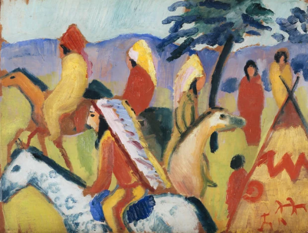 Reproduction of Reitende Indianer by August Macke. Colorful figures on horses with a tent in the background.