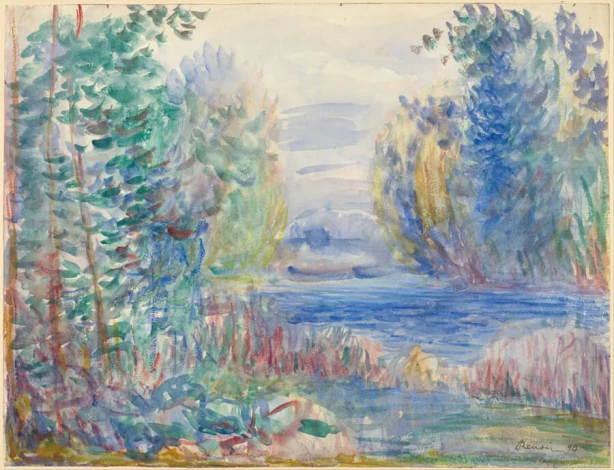 River Landscape reproduction, 1890 by Auguste Renoir - A print depicting a river surrounded by trees and vegetation.