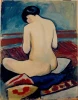 Reproduction of Sitting Nude with Pillow by August Macke - Graphic design. Figure seated on the floor, viewed from behind.