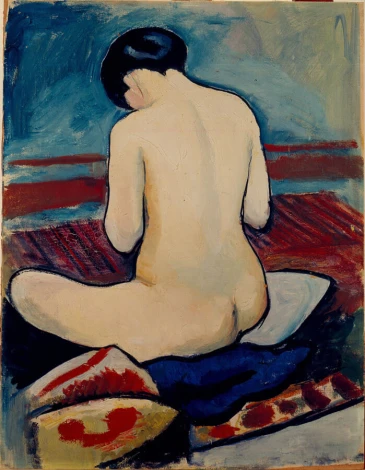Reproduction of Sitting Nude with Pillow by August Macke - Graphic design. Figure seated on the floor, viewed from behind.