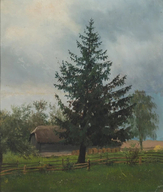 Fir reproduction by Ferdynand Ruszczyc - A graphic design featuring a pine tree against a backdrop of clouds and greenery.