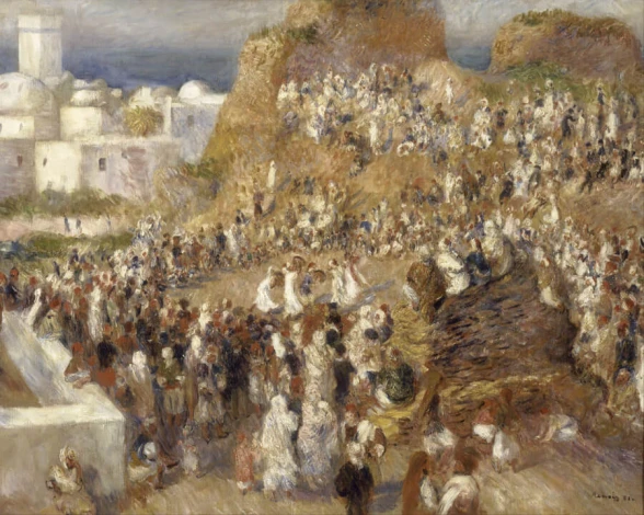 Reproduction of The Mosque by Auguste Renoir - Graphic design. The image shows a crowd in traditional attire dancing.