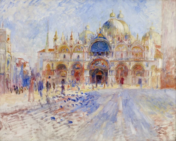 Reproduction of The Piazza San Marco by Auguste Renoir - Graphic design featuring architecture with domes and arches.