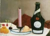 Reproduction of The Pink Candle by Henri Rousseau. The image features a candle, bottle, fruits, and a plate.