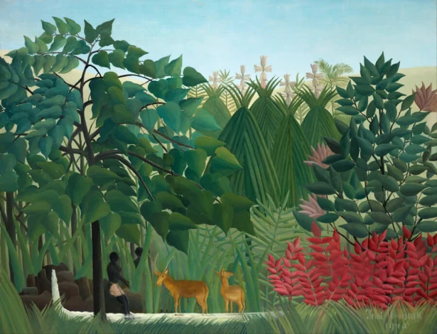 Reproduction of The Waterfall by Henri Rousseau - A graphic design featuring lush vegetation, a figure, and deer.