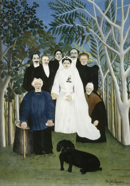 Reproduction of The Wedding Party by Henri Rousseau - Graphic design featuring a group in wedding attire against trees.