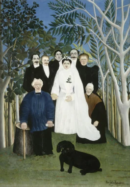 Reproduction of The Wedding Party by Henri Rousseau - Graphic design featuring a group in wedding attire against trees.