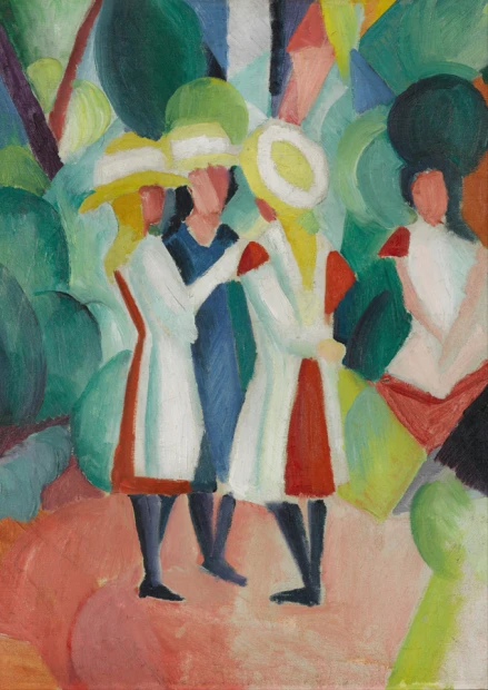 Reproduction of Three Girls in Yellow Straw Hats I by August Macke - Graphic design featuring three figures in bright hats.