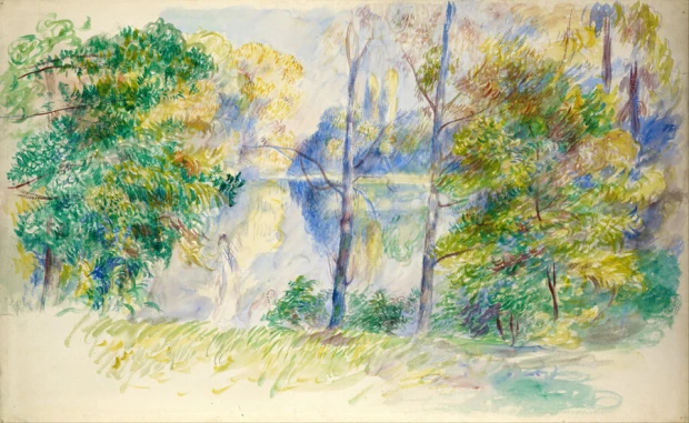Reproduction of View of a Park by Auguste Renoir. The image features a park with trees, water, and figures in the background.