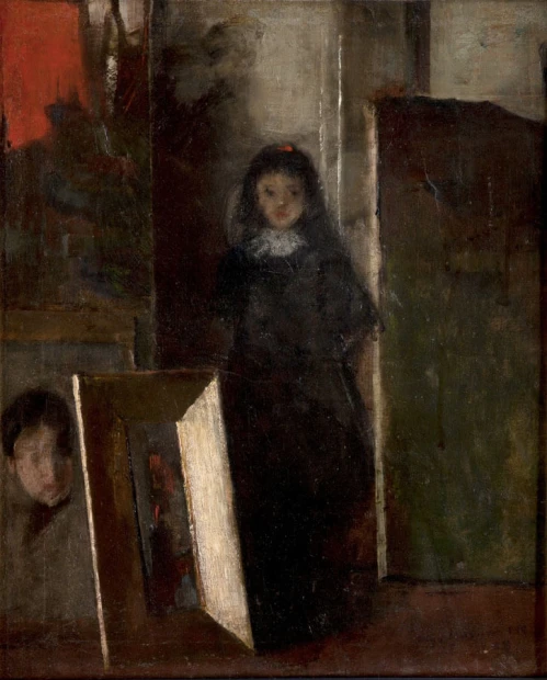 Reproduction of In the Studio 3 by Olga Boznańska - Artistic studio arrangement with gray walls and visible paintings.