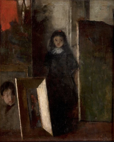 Reproduction of In the Studio 3 by Olga Boznańska - Artistic studio arrangement with gray walls and visible paintings.