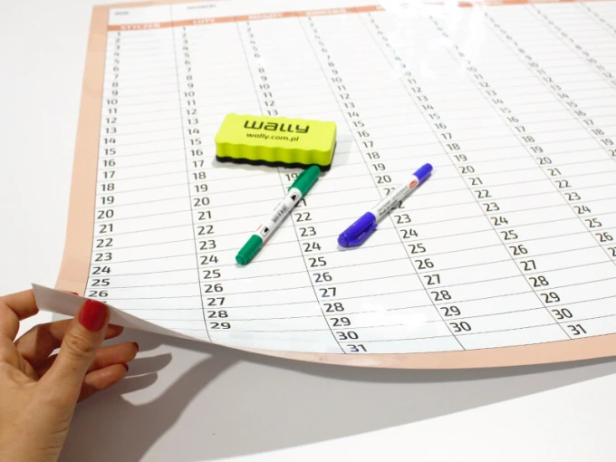 Universal yearly dry-erase calendar, Polish version 283 - Simple grid with dates and colorful design.