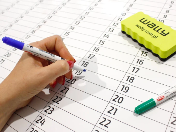 Universal yearly dry-erase calendar, Polish version 283 - Features rectangular boxes with day numbers.