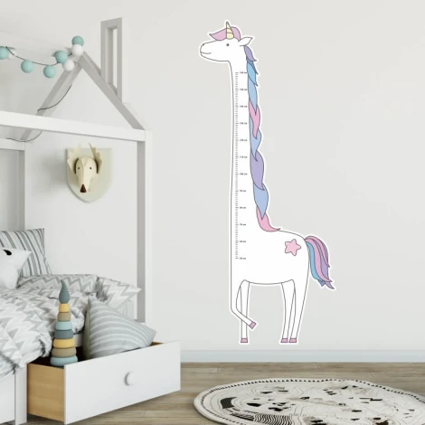 Unicorn growth chart sticker for kids\' room. Bright wall colors and stylish furniture.