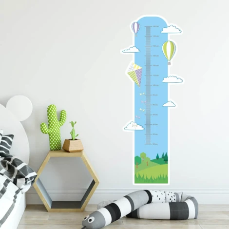 Child growth chart sticker with kite and balloons, perfect for bright children\'s room decor.
