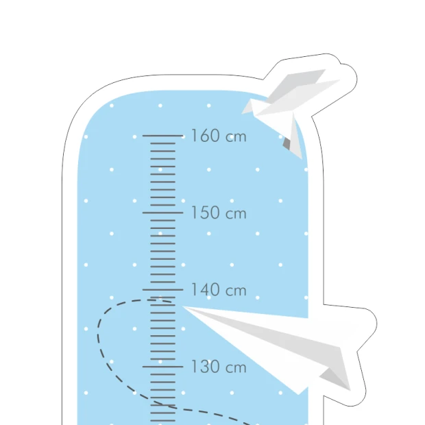 Child growth chart sticker with boats and airplanes, featuring a blue background with clouds.