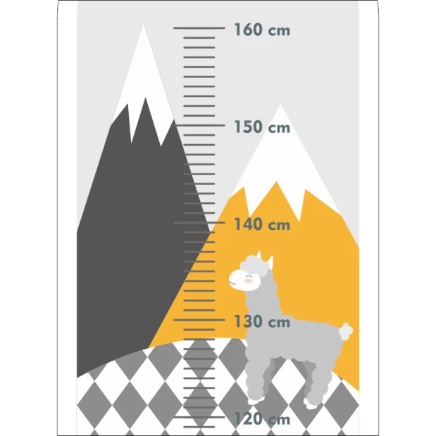 Child growth chart sticker featuring an alpaca against a gray-yellow mountain backdrop.