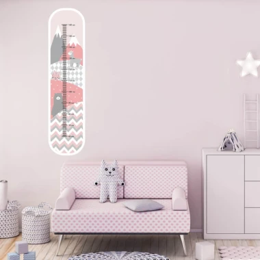 Child growth chart sticker with alpaca bear design, perfect for a bright children\'s room with light-colored walls and furniture.