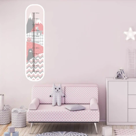 Child growth chart sticker with alpaca bear design, perfect for a bright children\'s room with light-colored walls and furniture.
