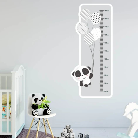Panda growth chart sticker for kids\' room. Bright wall colors and stylish furniture create a cheerful atmosphere.