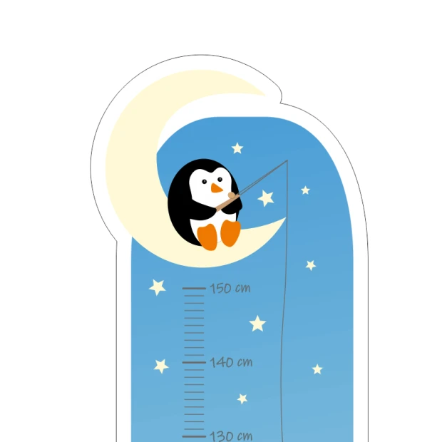 Child growth chart sticker with penguins - features a penguin on the moon with stars.