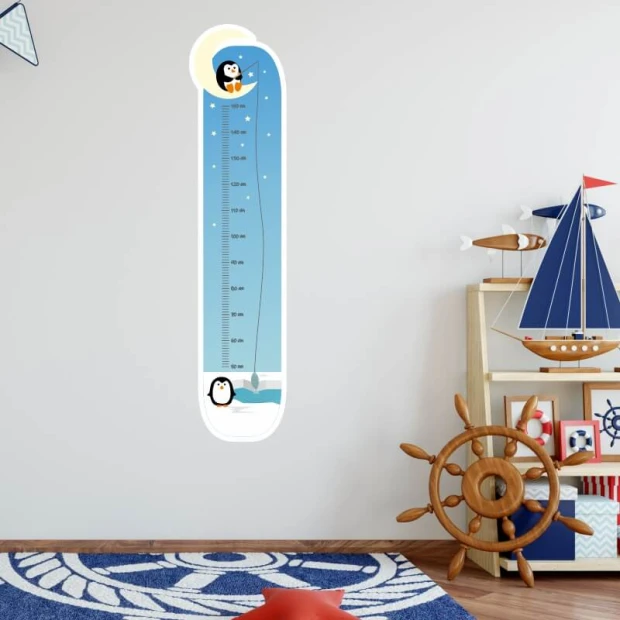 Child growth chart sticker with penguins 2444 - Decor for a kids\' room. Light-colored walls, wooden floor.