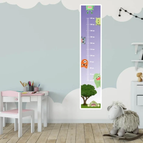Child growth chart sticker with monsters 2449 - Decor for a kids\' room. Light-colored walls, wooden floor.