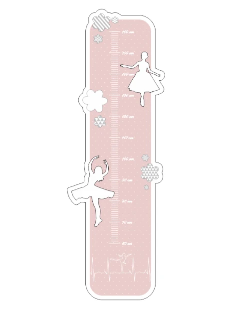 Child growth chart sticker featuring dancers, with a pink background and silhouettes of dancers and clouds.