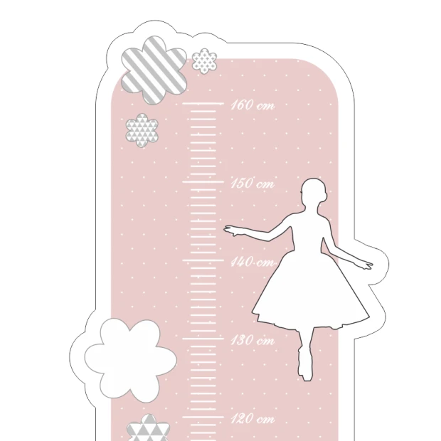 Child growth chart sticker featuring a dancer design on a pink background with clouds.