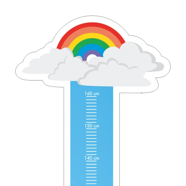 Rainbow growth chart sticker for kids with clouds and a rainbow over a blue measuring scale.