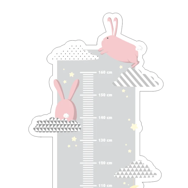 Child growth chart sticker featuring pink bunnies, clouds, and measurement lines.