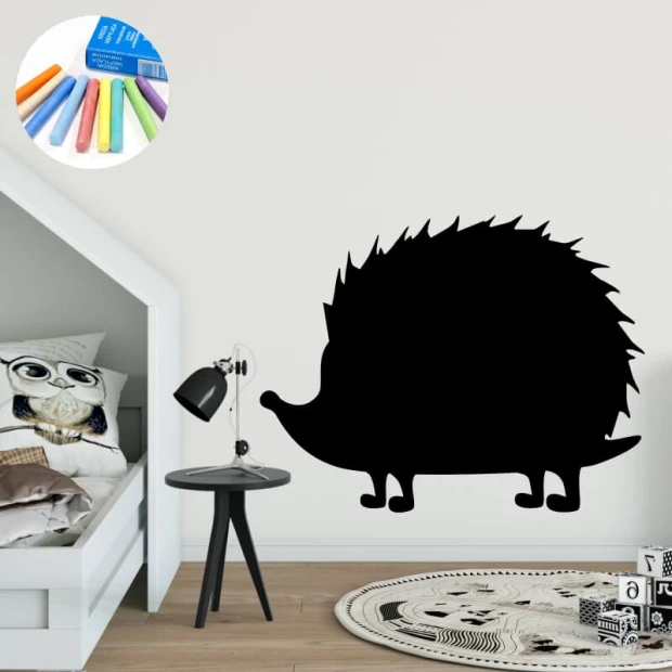 Chalk sticker for kids featuring a hedgehog, perfect for bright children\'s rooms with minimalist furniture.