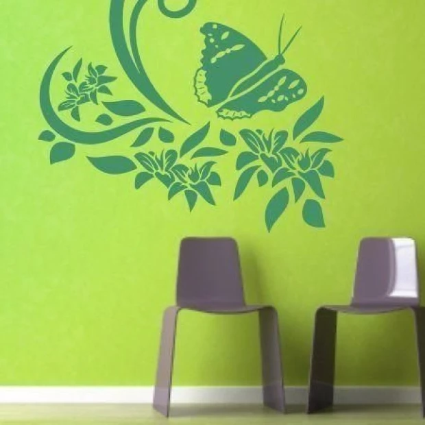 Multicolored butterfly and flower sticker, perfect for a modern child\'s room or creative office.