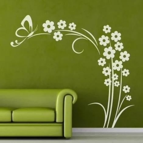 Japanese sticker with delicate flowers and a butterfly, perfect for a modern living room in muted colors.
