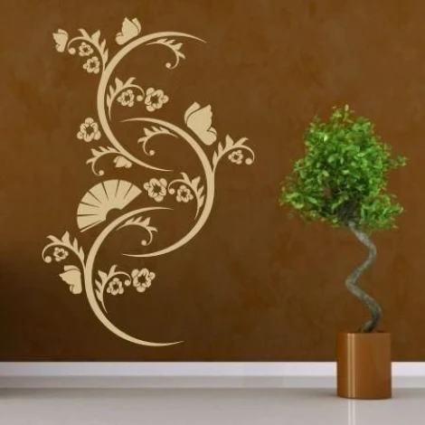 Elegant plant sticker 1238 decorates a warm wall in a modern interior, adding a touch of nature.