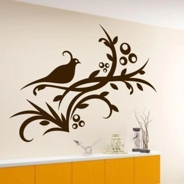 Stylish sticker with a bird and flowers, perfect for a modern living room, adding charm and a natural touch.