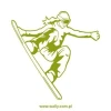 Dynamic snowboard sticker with a green outline, perfect for decorating a young athlete\'s room.