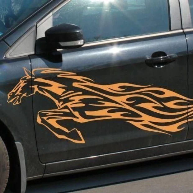 Dynamic horse sticker in fiery style, perfect for decorating a car or motorcycle.