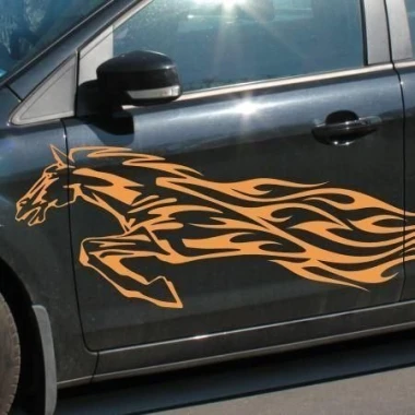 Dynamic horse sticker in fiery style, perfect for decorating a car or motorcycle.