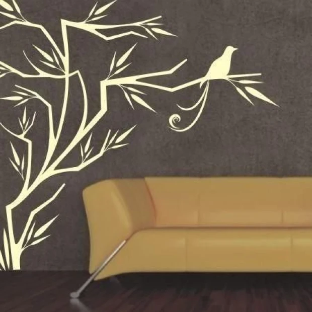 Japanese painting template 10 - Living room arrangement. Brown wall with a light pattern of branches and a bird.