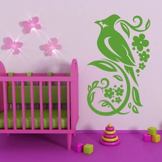 Stylish Chinese sticker 13 featuring a bird and flowers, perfect for a colorful children\'s room.