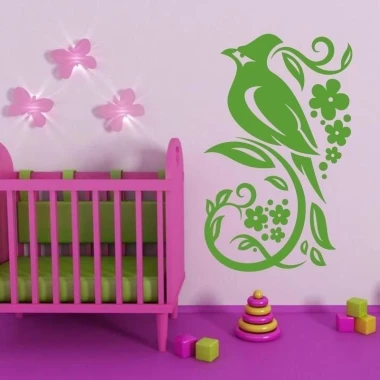 Stylish Chinese sticker 13 featuring a bird and flowers, perfect for a colorful children\'s room.