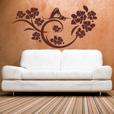 Elegant Chinese sticker with a floral and butterfly design, perfect for a cozy living room in shades of brown.