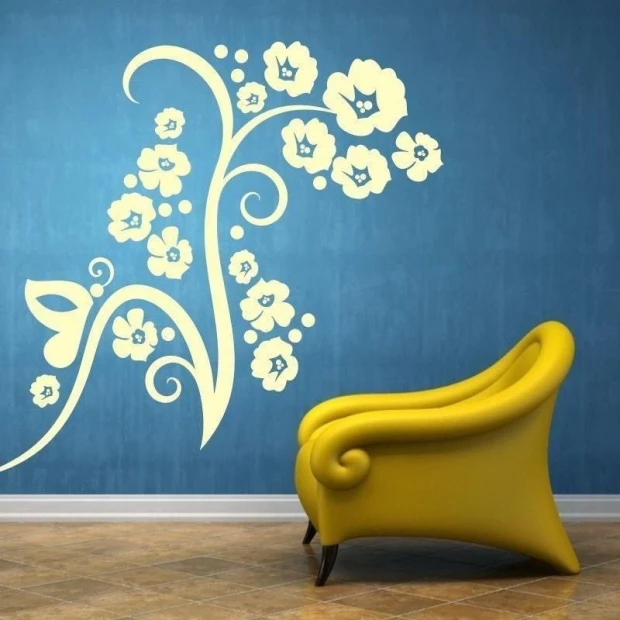 Chinese sticker 38 in a modern living room, creating a harmonious composition with yellow flowers against the sky.