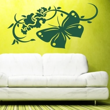 Elegant Chinese sticker featuring a flower and butterfly design, perfect for a modern living room in shades of green.