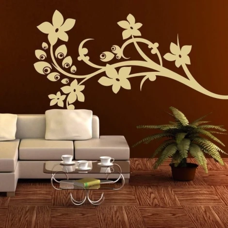 Chinese painting template 59 - Living room arrangement. Dark brown walls, light furniture, and a potted plant.