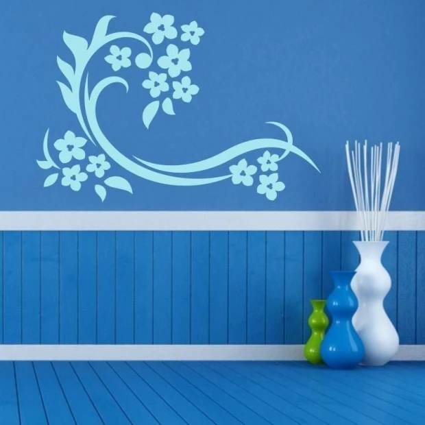 Chinese painting template 61 - Living room arrangement. Walls in shades of blue with white accents.