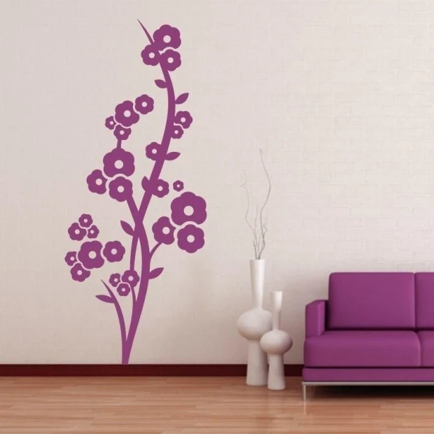Chinese painting template 69 - Living room decor. Light-colored wall with a purple floral pattern.