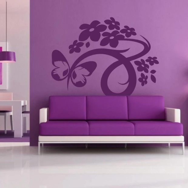 Chinese painting template 71 - Living room arrangement. Purple wall with floral and butterfly motif.