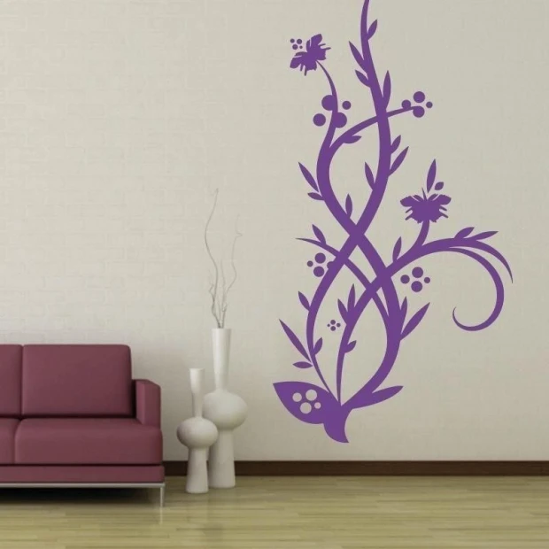 Stylish purple climbing plant revitalizes a modern living room, adding elegance and freshness.